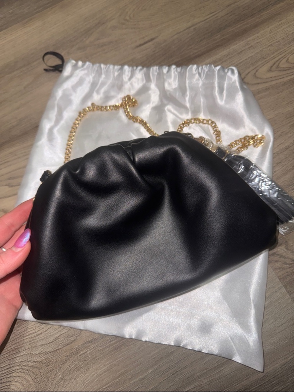 Understated Leather Black Pouch Clutch Bag Gold Chain Ruched Crossbody - Picture 2 of 7